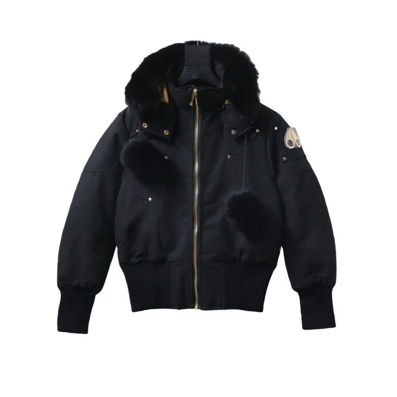 Moose Knuckles Black Bomber Jacket Fox Fur Hood Gold Zip