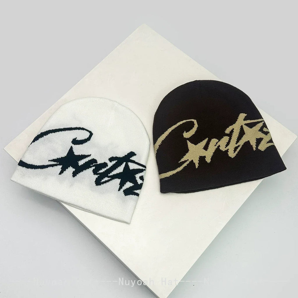 Corteiz Oversized Script Knit Beanie – Black / Grey / Curry