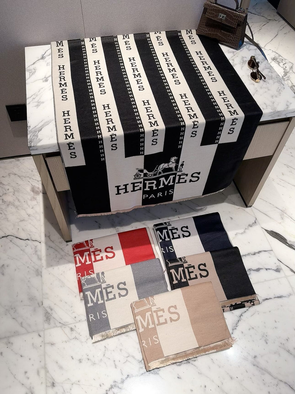 Hermes Style Bold Stripe Logo Scarf