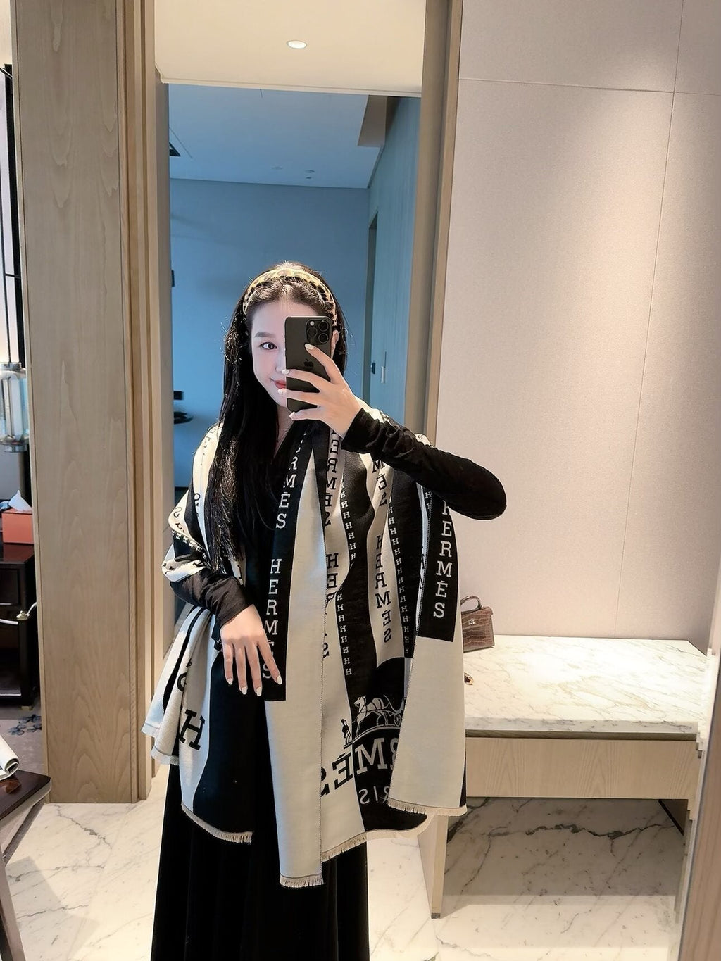 Hermes Style Bold Stripe Logo Scarf