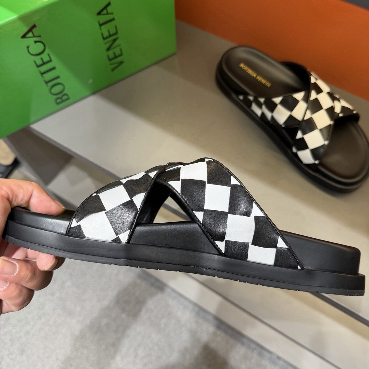 Bottega Veneta Men's Woven Checkerboard Slide Sandals - Black and White