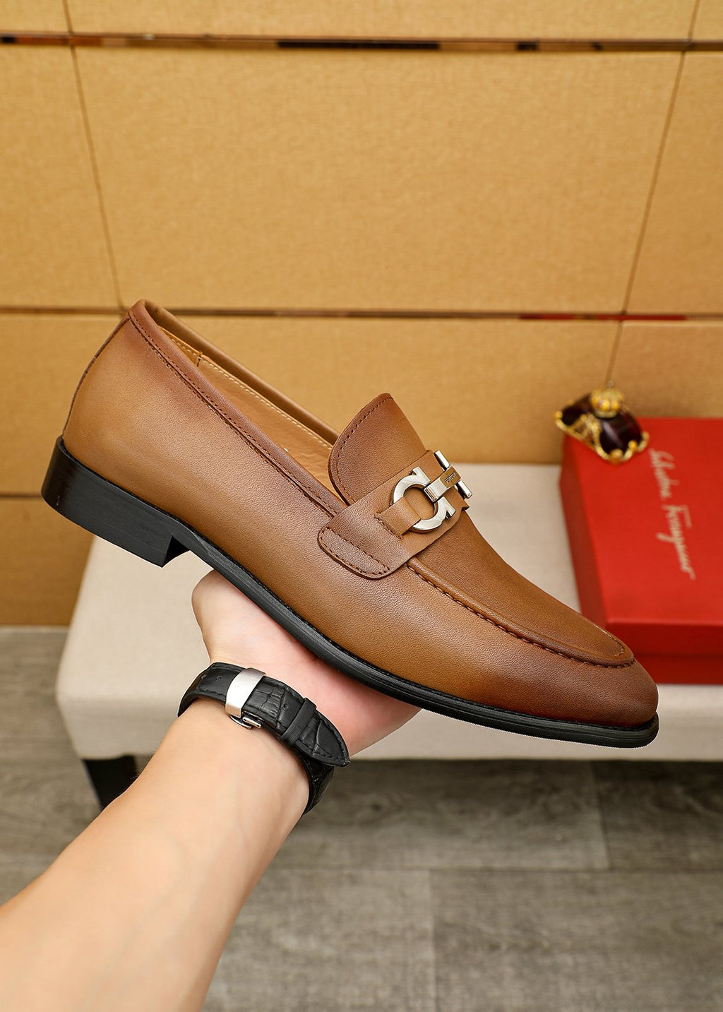 Ferragamo Brown Metal-Accent Loafers